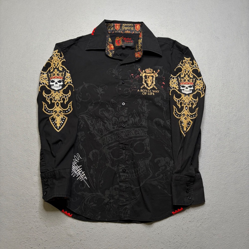 Rebel Spirit Button Down Shirt Mens L Black Royal Way of Life Skull Rhinestone